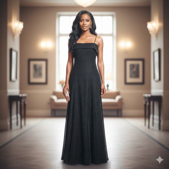 Night Way Collections Dresses & Skirts - VTG Night Way Collections Metallic Black Ball Gown Dress 4 Spaghetti Strap